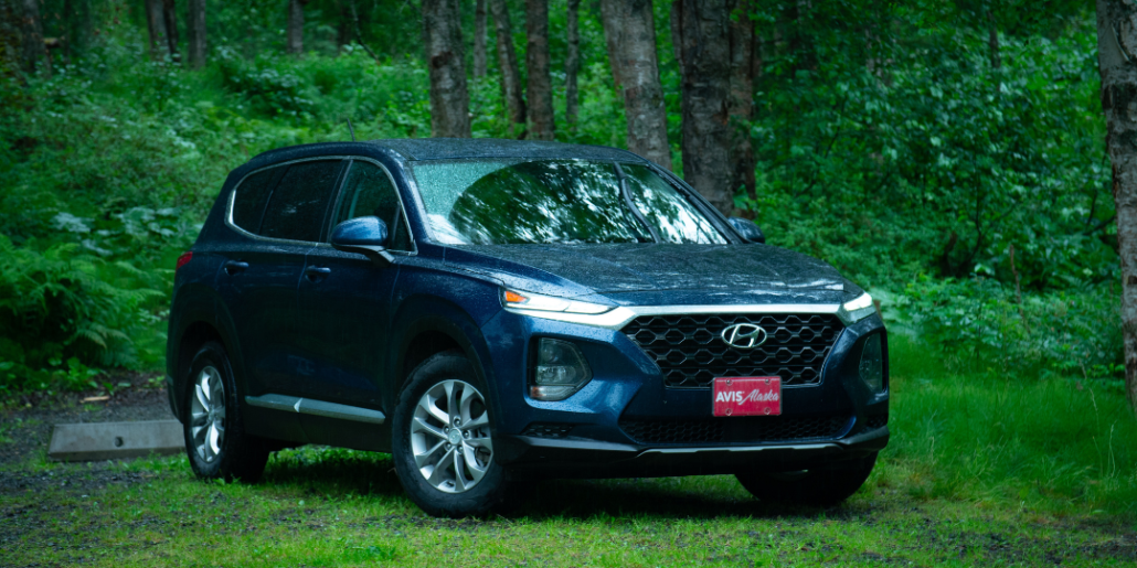 rental car parked in the woods